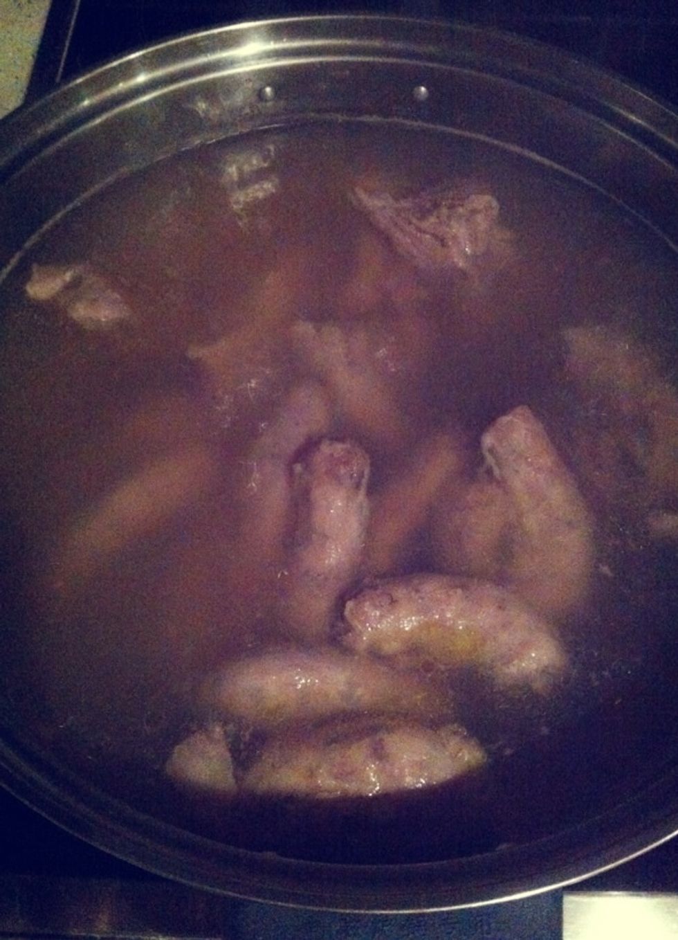 Boil the chicken necks & pork ribs.