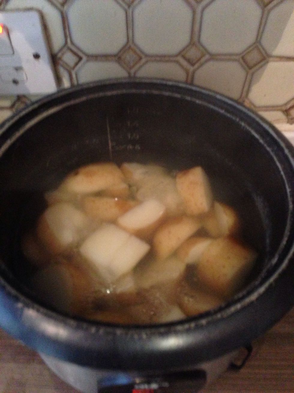 Boil the potatoes for around 20 mins until there nice and soft... I did it in the rice cooker but u can use a pot\ud83d\ude0c