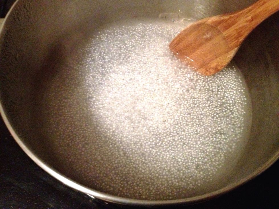 Boil the water in a large pot and add the tapioca. Reduce the heat to medium/low, and stir frequently until the pearls are cooked. Approximately 10 minutes, the pearls should become translucent.