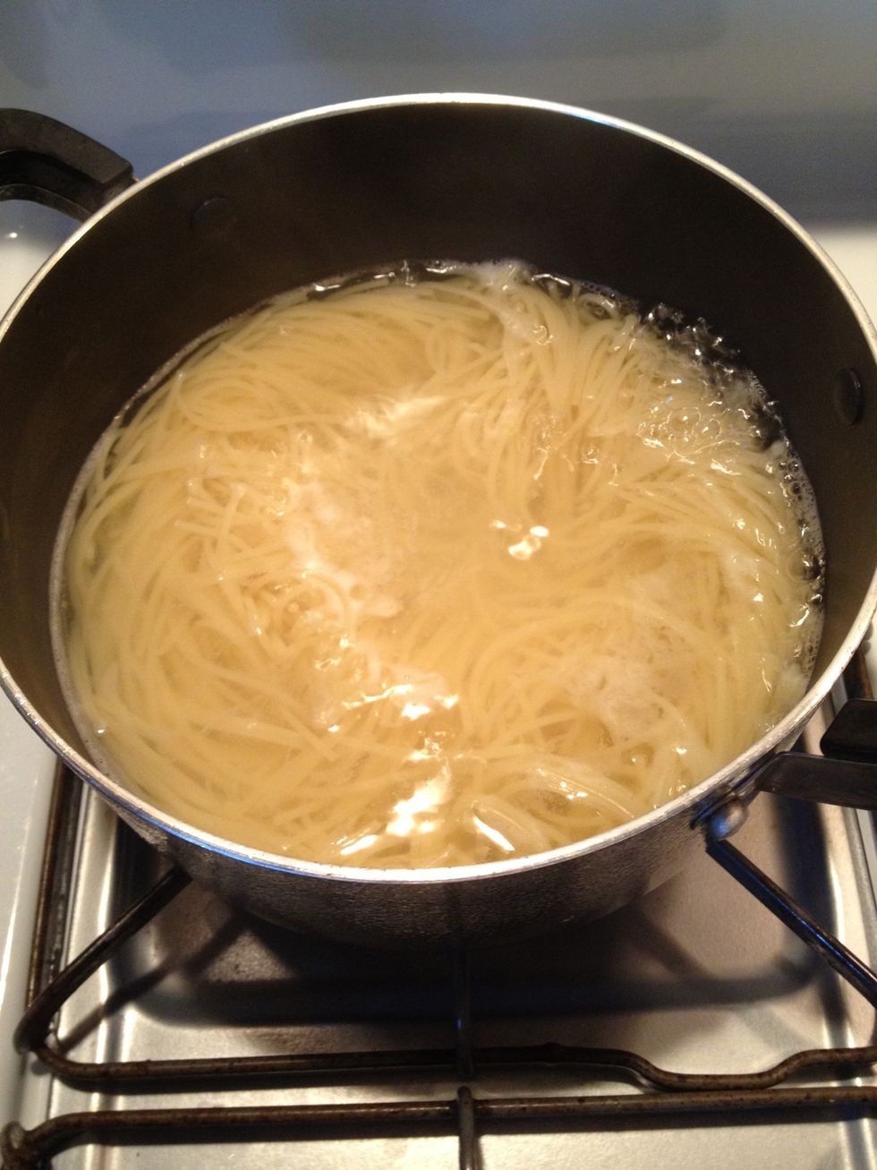 Boil water & then add angel hair pasta. Add however much you want, I used about 1 handful that I broke in half (I prefer not having to slurp my pasta\ud83d\ude1c). Cook to your preference.