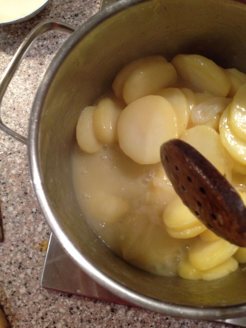 Boil without lid, until the potatoes have thickened the water/vinegar. 5-10 minutes, depending on what kind of potatoes you are using. Taste again and add sugar and or salt if it needs it.