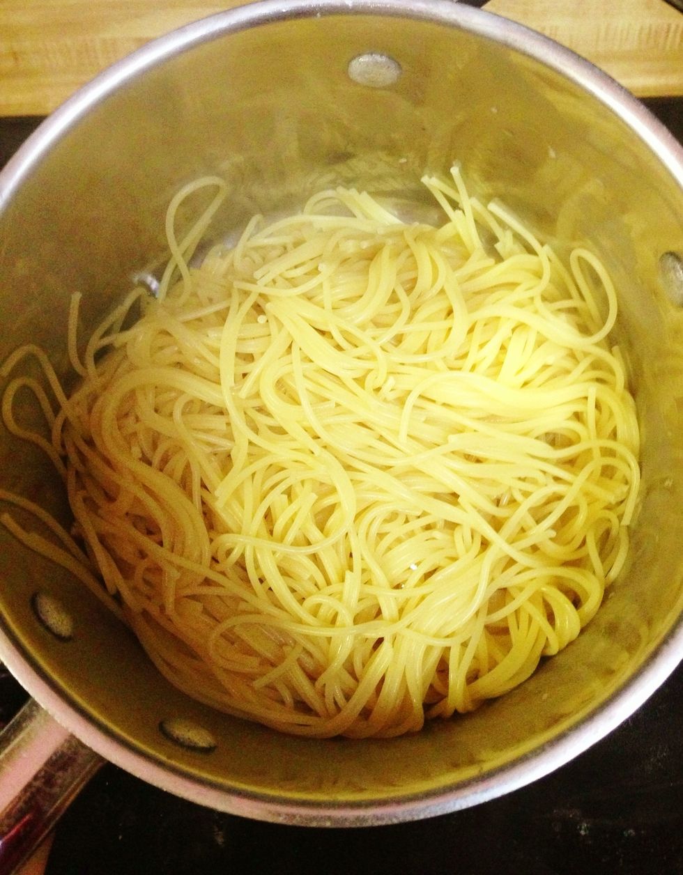 Boil your noodles and drain. Make sure to salt your water. Also, it helps if you cook the noodles the minimum time required on the box so they don't get mushy. (Ex. Cook 7-9 min-- you cook 7)