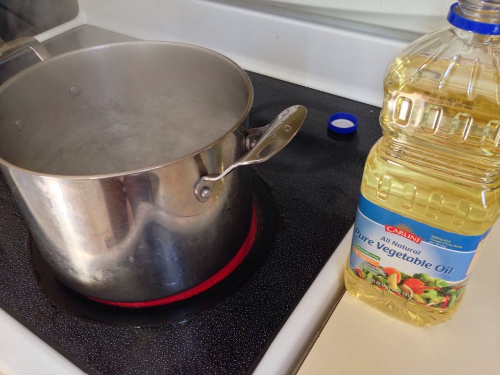 Boil your water on high heat! You will need oil vegetable or olive oil for noodles! You don't want the noodles to stick! Also sprinkle a tablespoon of salt into boiling water! Don't go overboard!