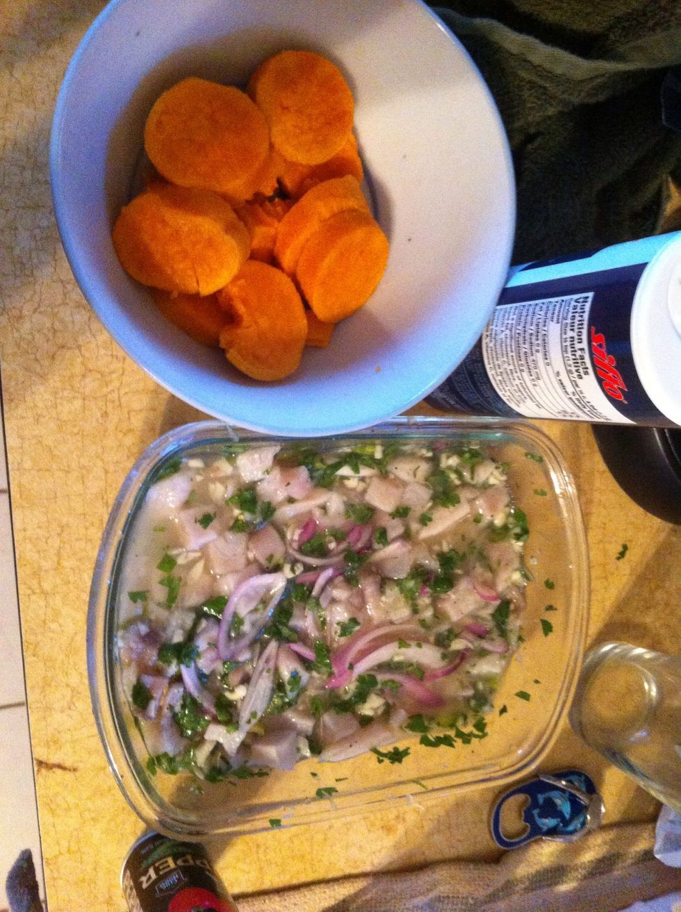 Boiled and cooled yams on the side (just for preference ) and let the ceviche soak in the fridge for an hour so the flavor sets in