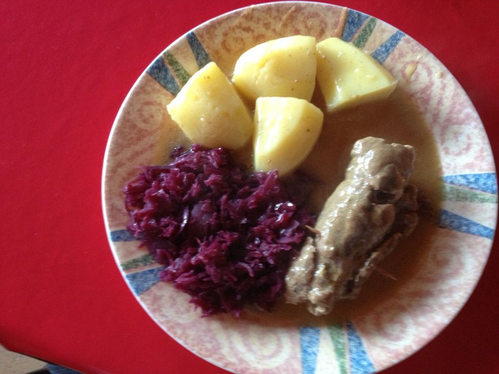 Boiled potatoes & red cabbage with this one :)