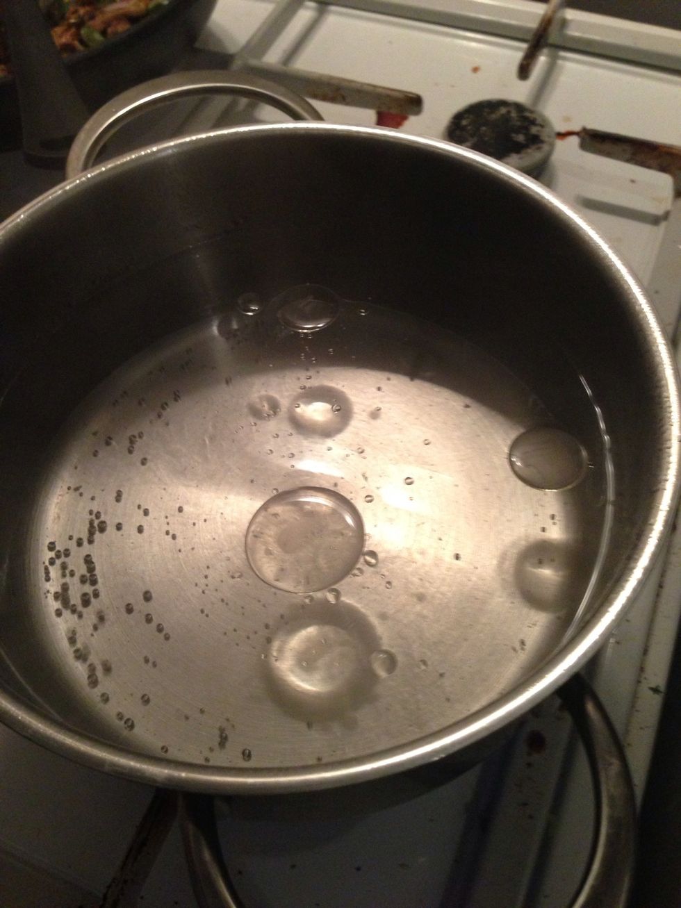 Boiled water, add salt and (olive) oil. If you use dry pasta it might be a good idea to add it now since it takes a lot longer to cook.