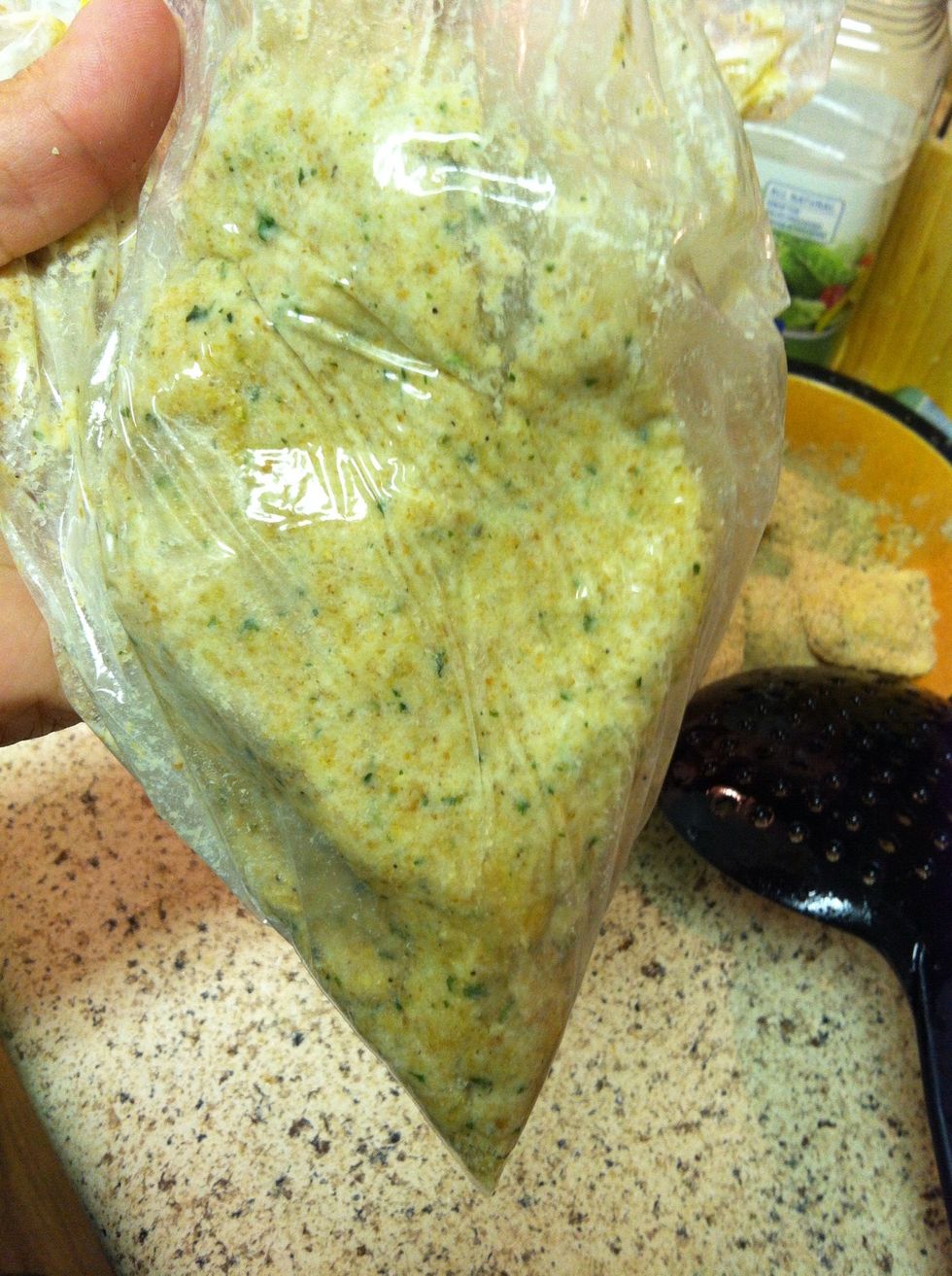 BONUS!! Mix the rest if the egg mixture and breadcrumbs together. I did it in the bag for easier cleanup. It should be a sort of dough texture.