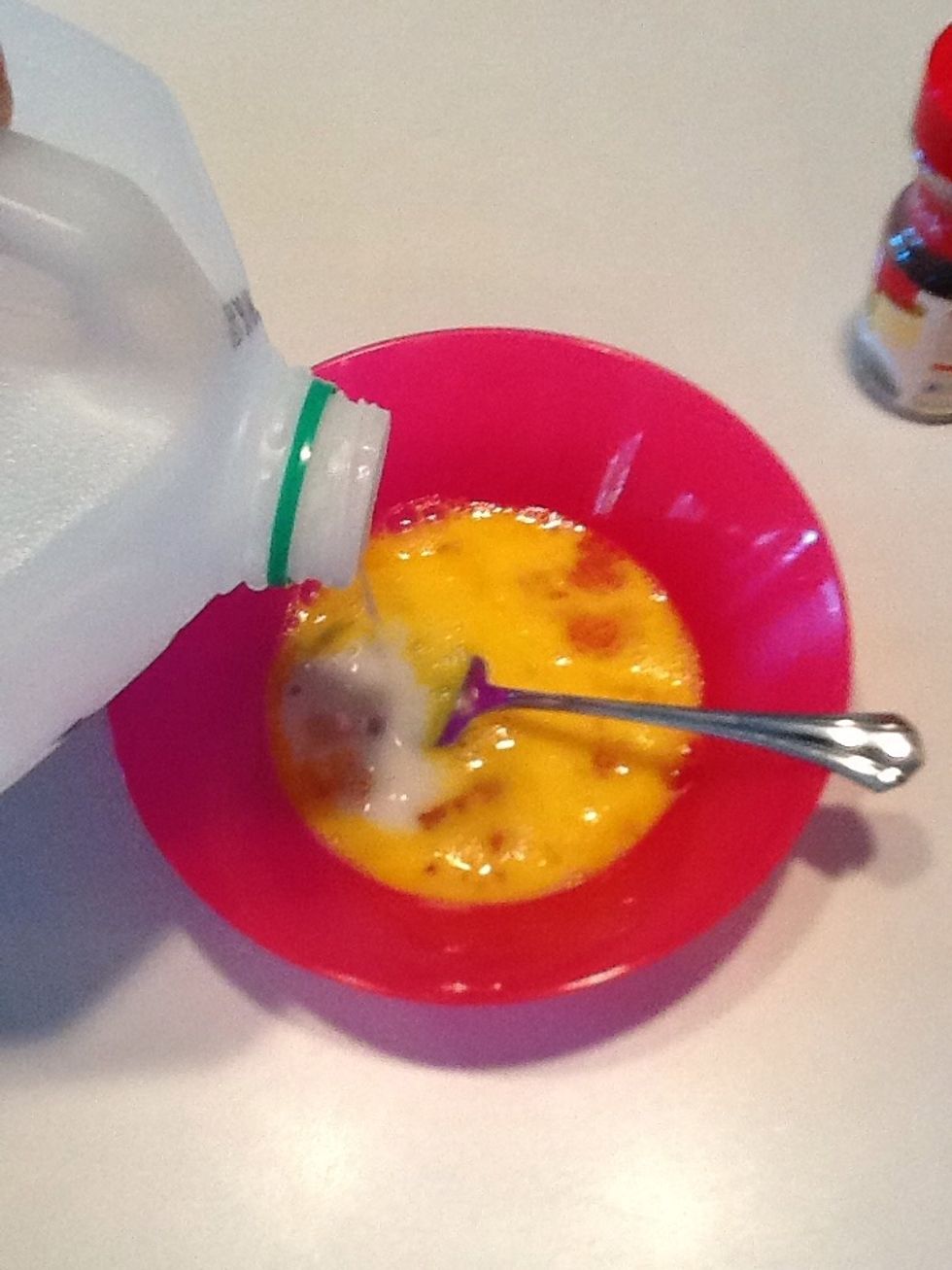 Bowl #2: One egg, whisked, with a splash or two of milk. Remember... A splash is not a puddle!