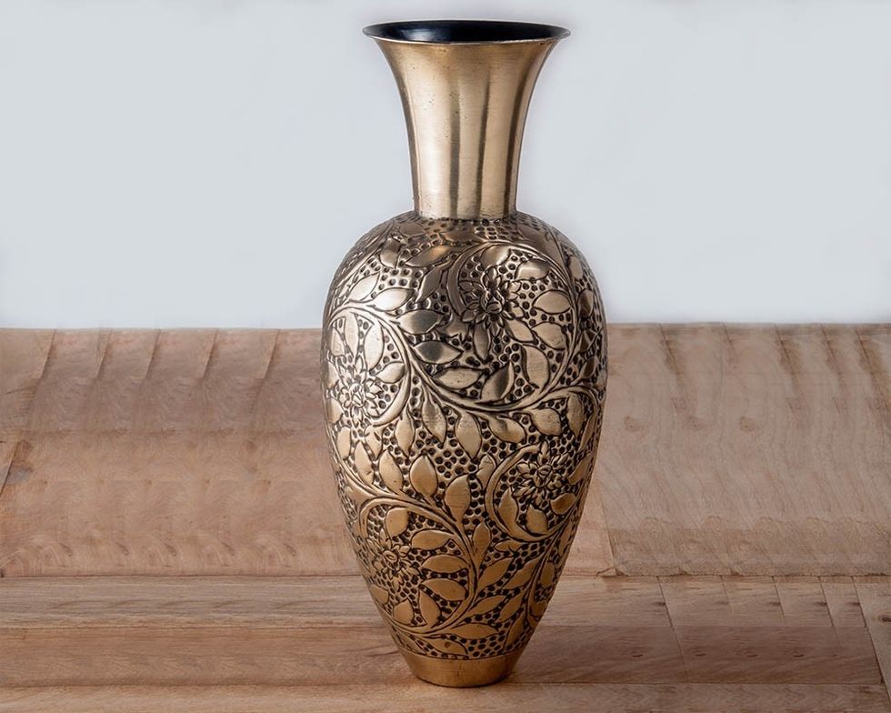Brass Antique Leaves Patterned Vase, Shop Now:- https://www.maddhome.com/decorative-vases/brass-antique-leaves-patterned-vase.html