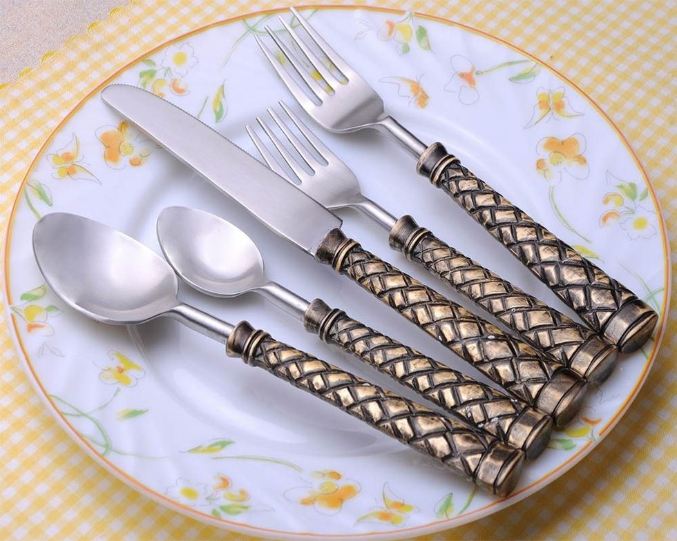 Brass Antique Trellis Cutlery Set, Shop Now:- https://www.maddhome.com/cutlery/brass-antique-trellis-cutlery-set-1264.html