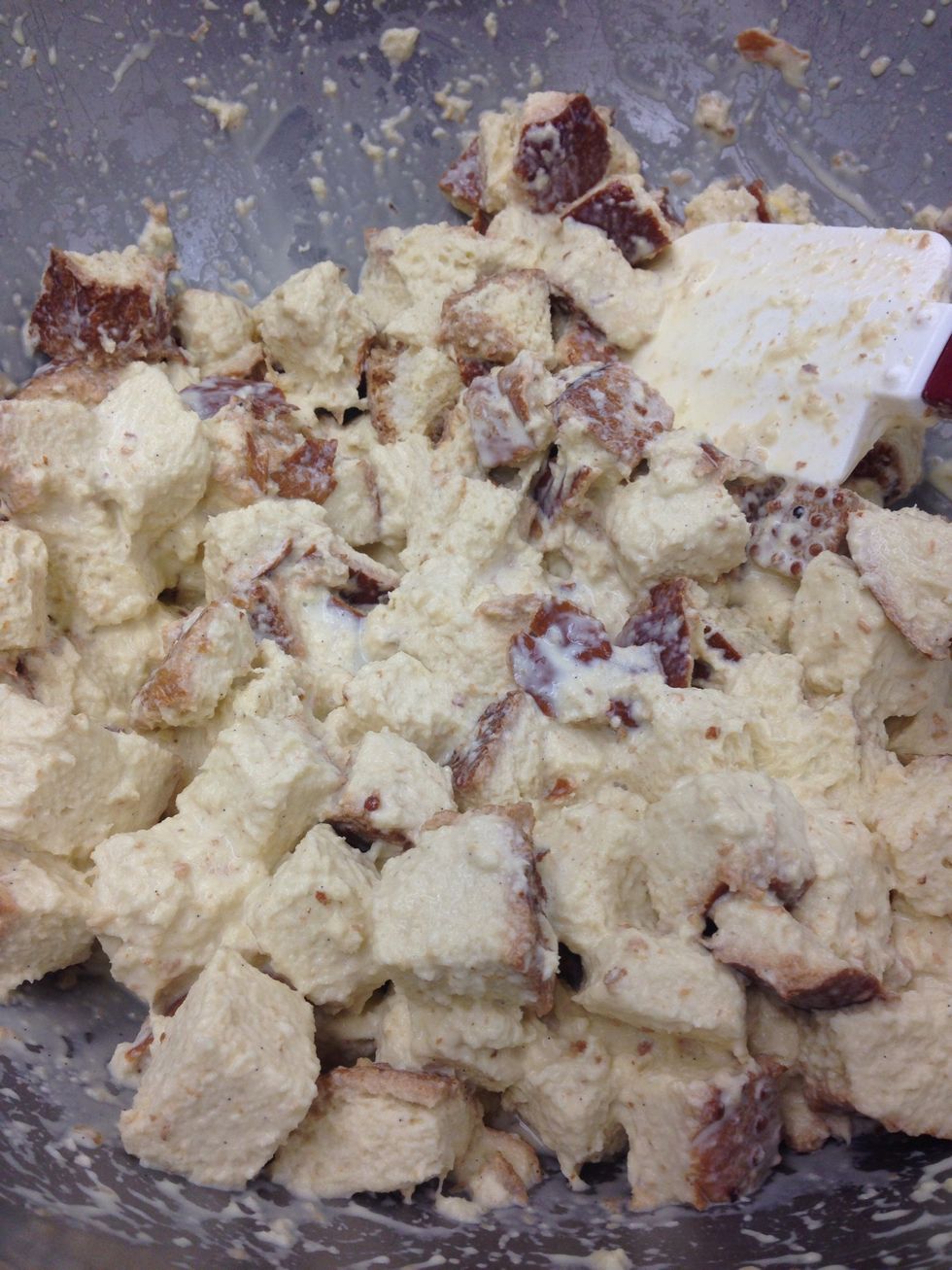 Bread will soak up the majority of the liquid. If there is no liquid left on the bottom of the bowl then too much bread was added.