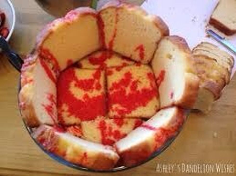 Break cake into bite size pieces. Put into 20cm x 30cm ( optional )