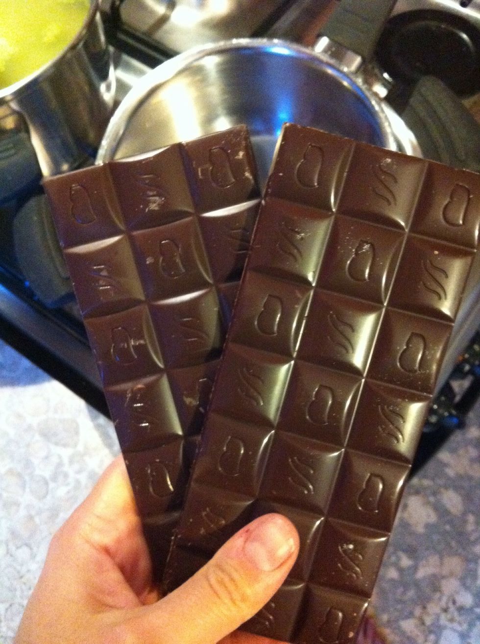 Break cooking chocolate into pieces and melt it in the pot.