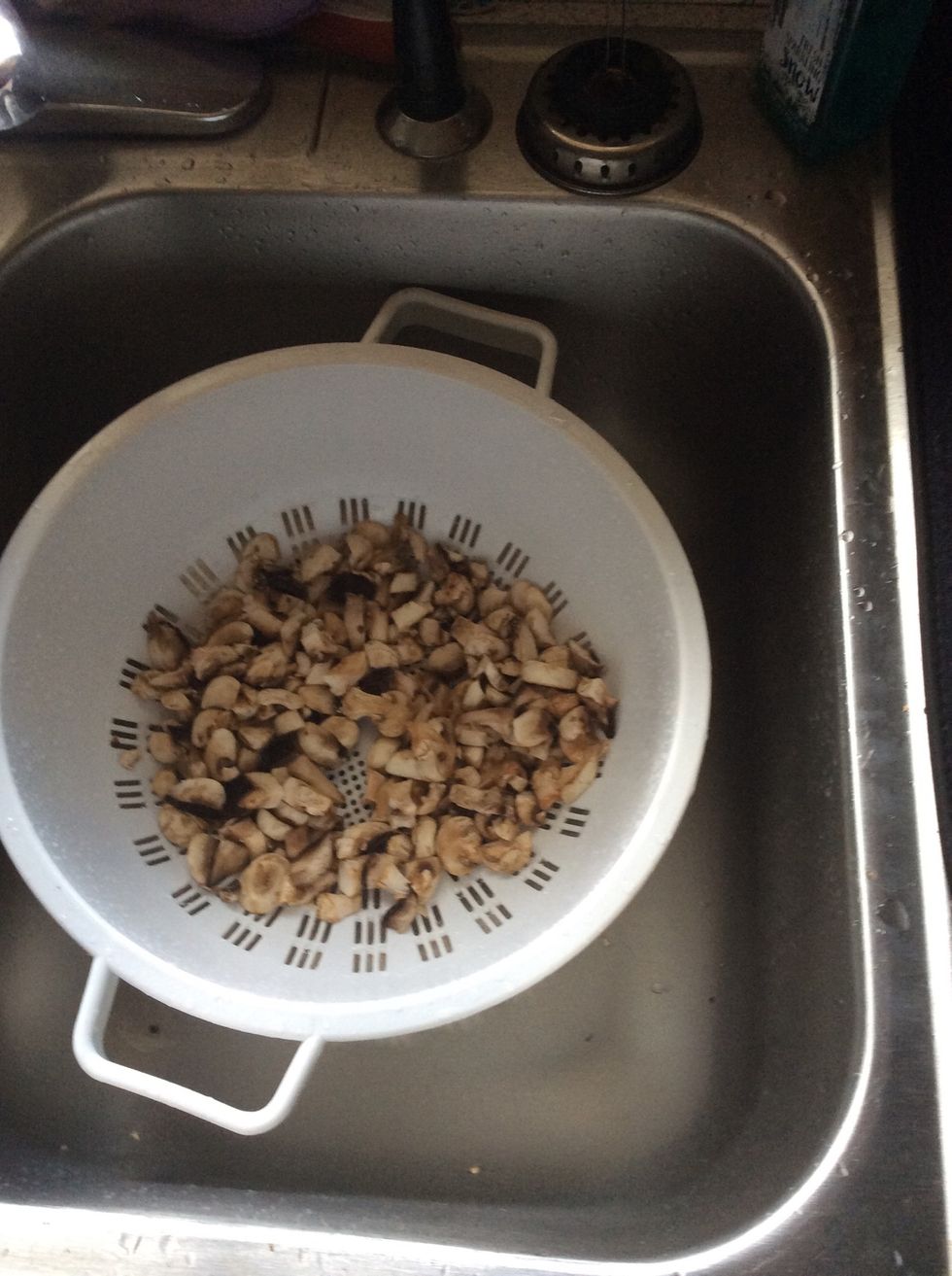 Break mushrooms into smaller pieces, wash off, and add into crockpot