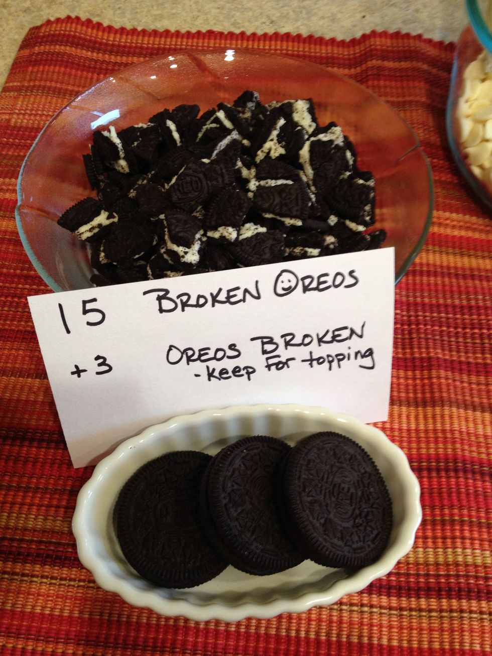 Break Oreos in small pieces but do not crush. 3 Oreos are broken into larger pieces and used for the top - just to make it pretty!