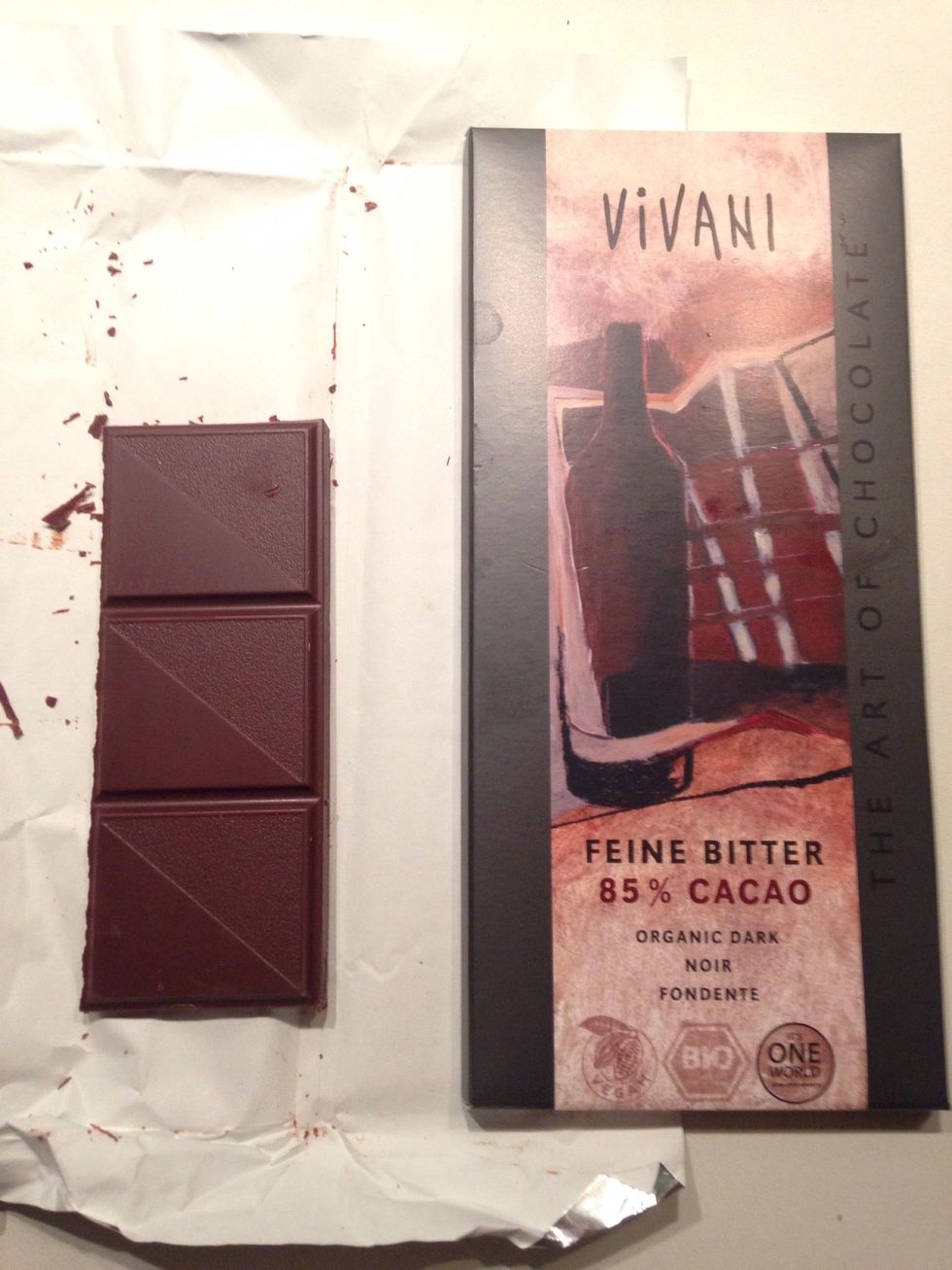 Break the chocolate bar in small pieces and cut the butter in pieces too