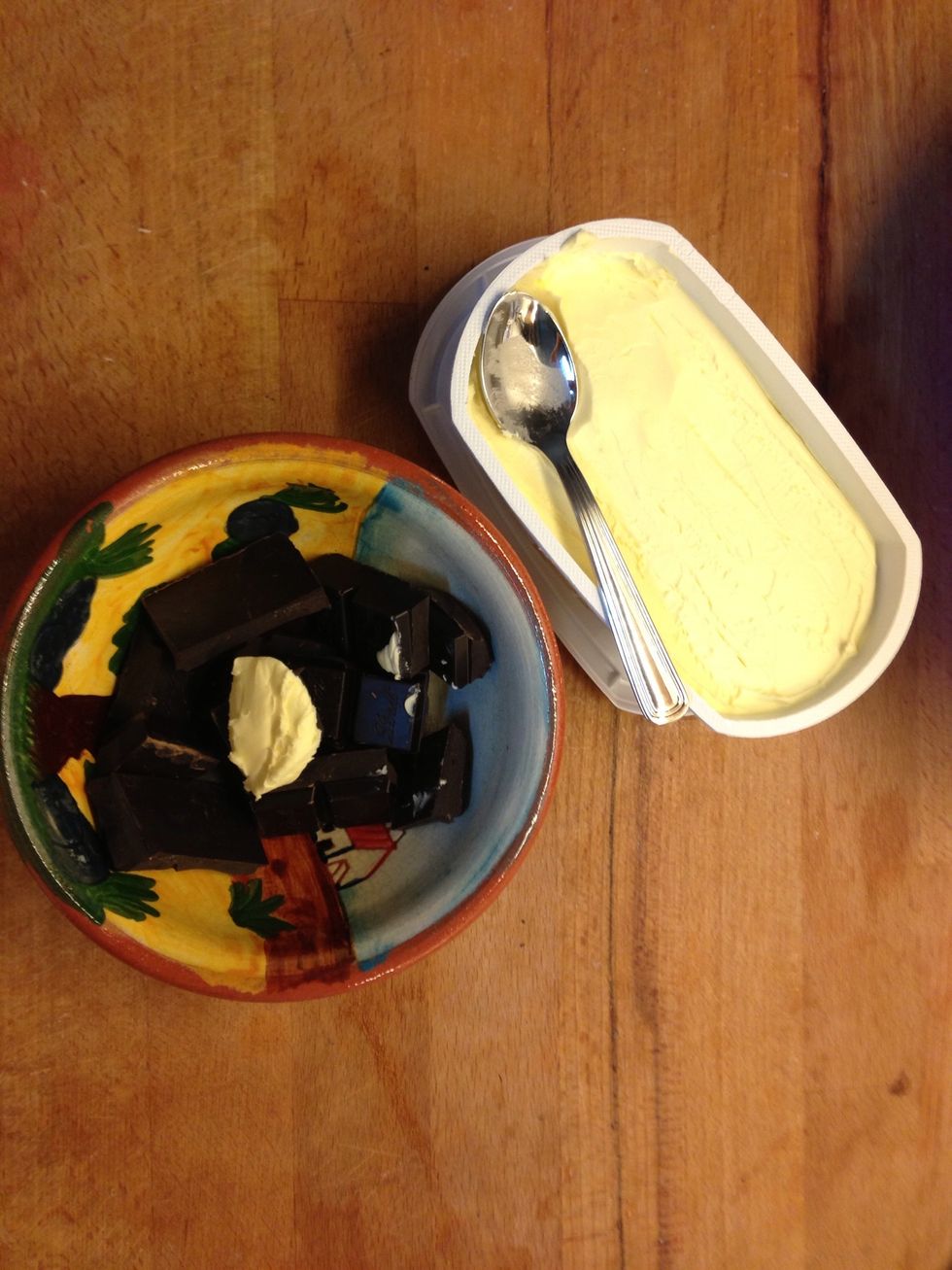Break the chocolate in little pieces and add a tea spoon of butter, heat in the microwave for 1 minute or until it melts