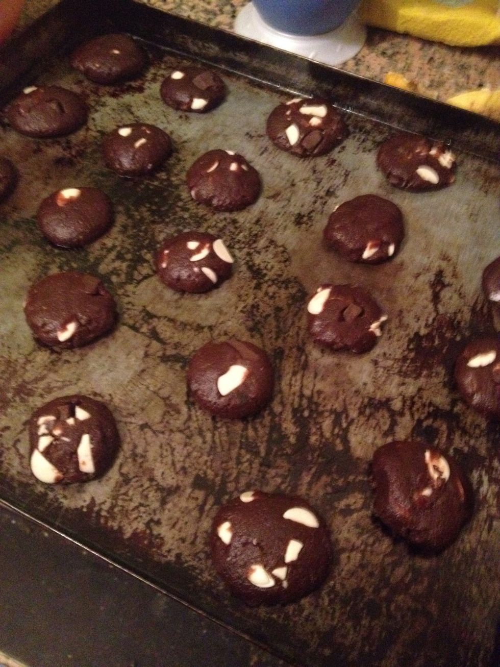 Break up all of your chocolate into it.  Pop them into the oven for 11 minutes .When you get them out they will not look cooked but  they'll be hard and overcooked once they are cool.