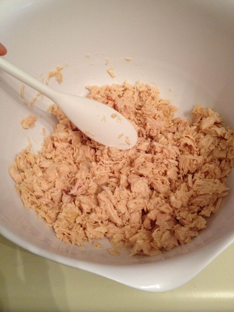 Break up the bigger hunks of chicken and stir until it looks like this.