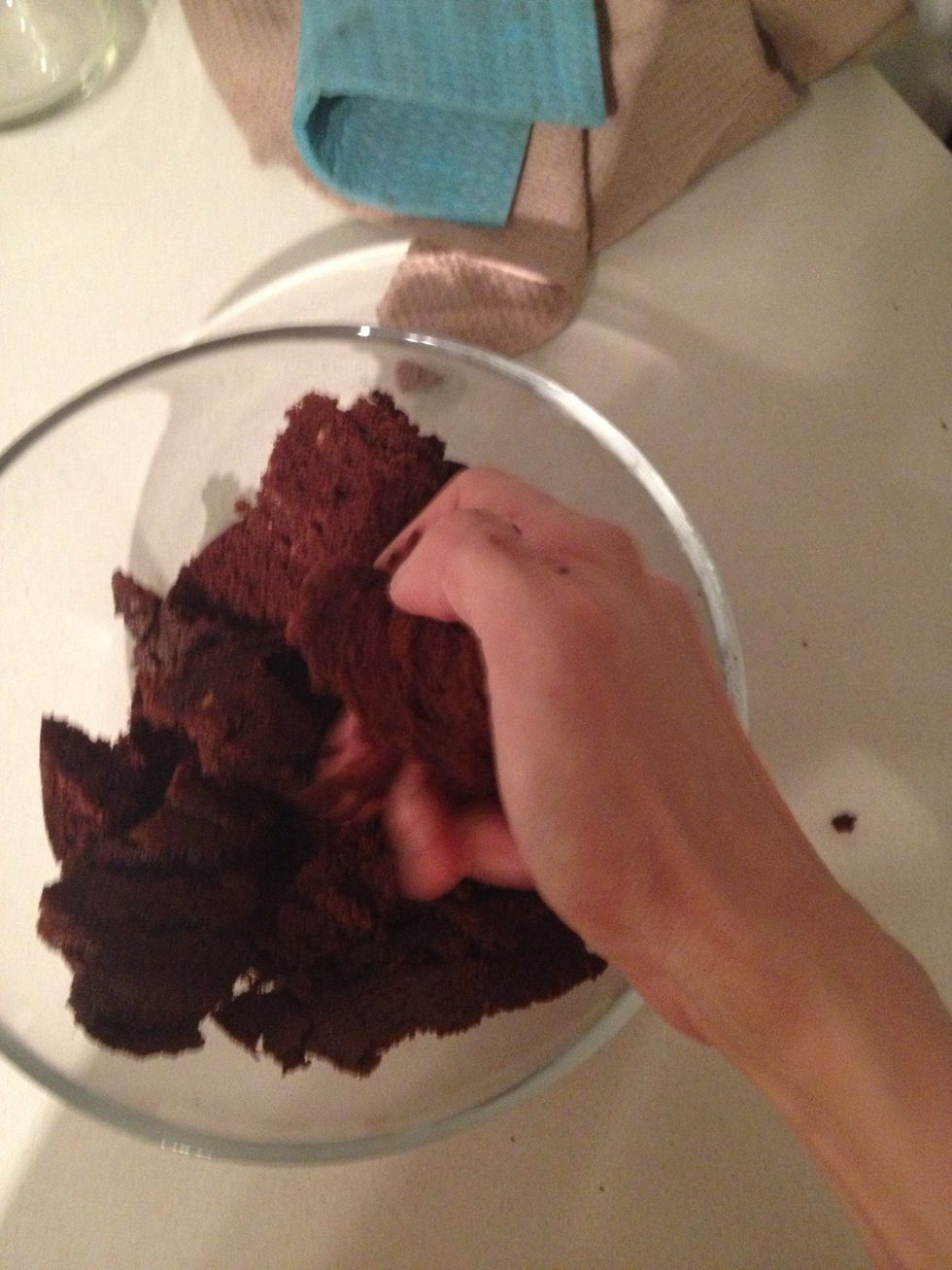 Break up the cake into crumbs, while drop the bag of frosting into warm water (it's butter based, this would melt it down a lil) if your frosting isn't as stiff u don't need to.