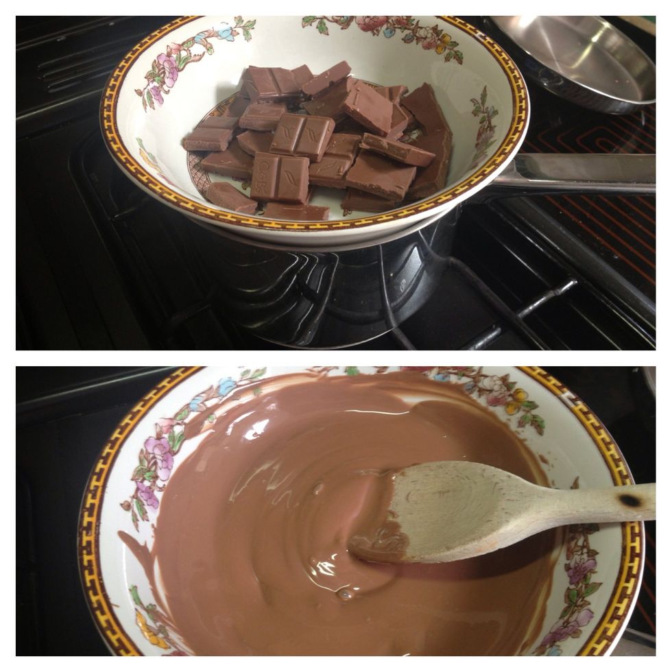 Break up your bars of chocolate (i chose milk) & put them into a bowl. Place over a pan of boiling hot water, making sure the bowl does not touch the water. Stir with a wooden spoon until melted \ud83d\ude0a