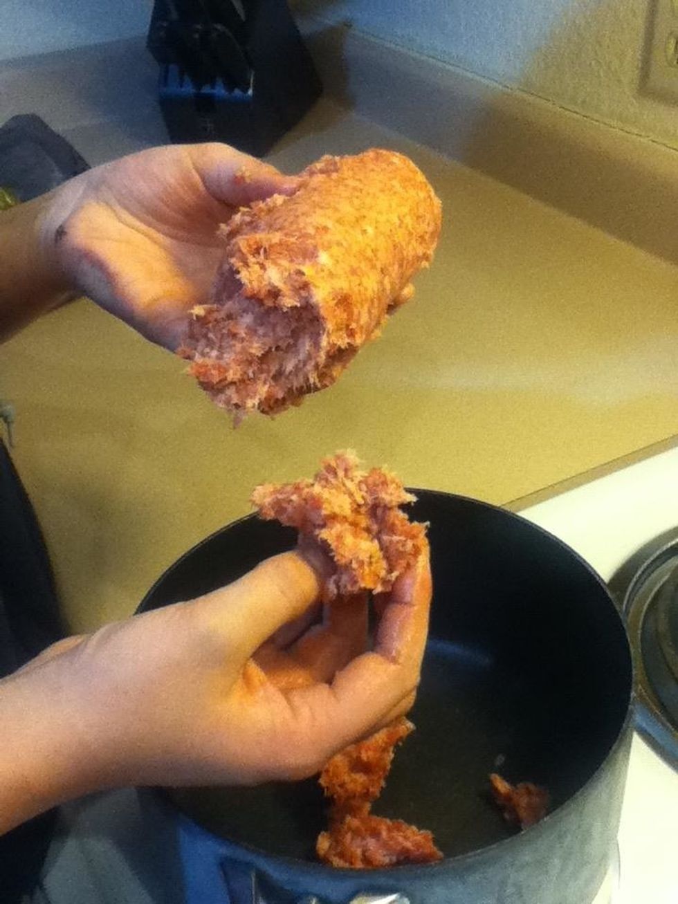 Break your Pork sausage into golf ball size chunks, turn your stove to medium heat. Note: This will first be cooked separately from the rest of the soup.