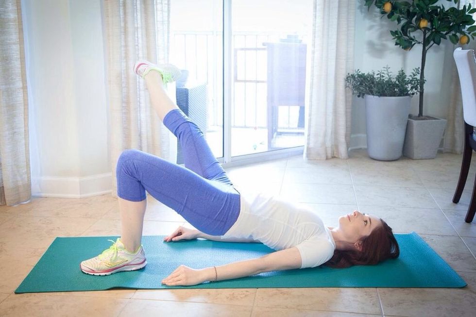 BRIDGE POSE SIDE EXTENSIONS Part I: This is very similar to the previous exercise, but the leg will extend to the side instead of up.