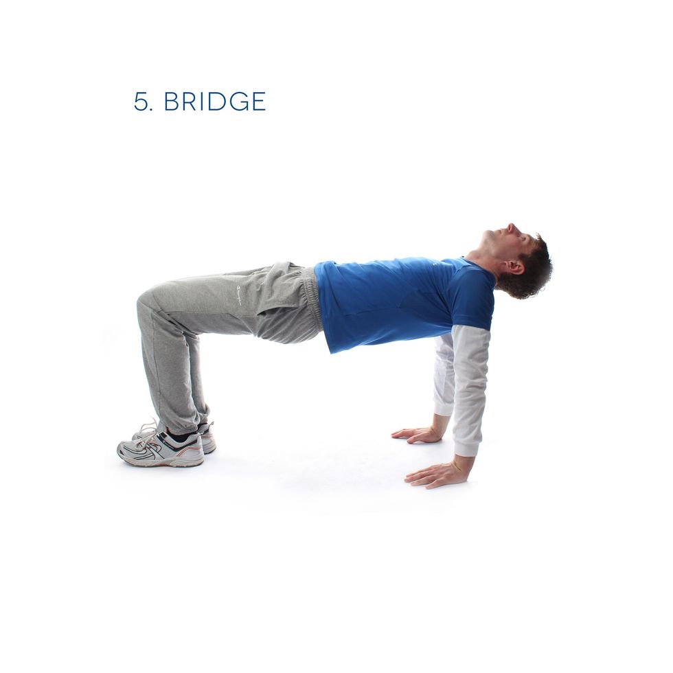 Bridge - Set up with your hands and feet parallel on the floor. Bring your hip up into the bridge position and hold. Do this 20 times