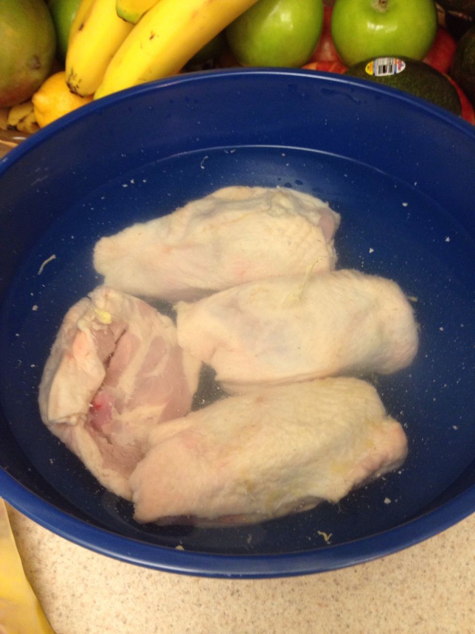 Brine your chicken. Use vinegar, salt and fill with water until your chicken is covered. I used about a cup if vinegar, and about 3-4 tablespoons of salt.