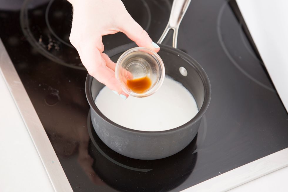 Bring 3/4 cup of milk to boil in saucepan. Then, remove from heat and stir in vanilla.