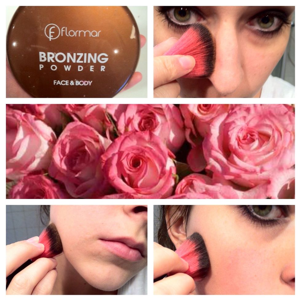 Bring a little shape to your face! Use JUST A LITTLE of your bronzer on the sides of your nose, your cheekbones and jaw bones. You still want to look pale!