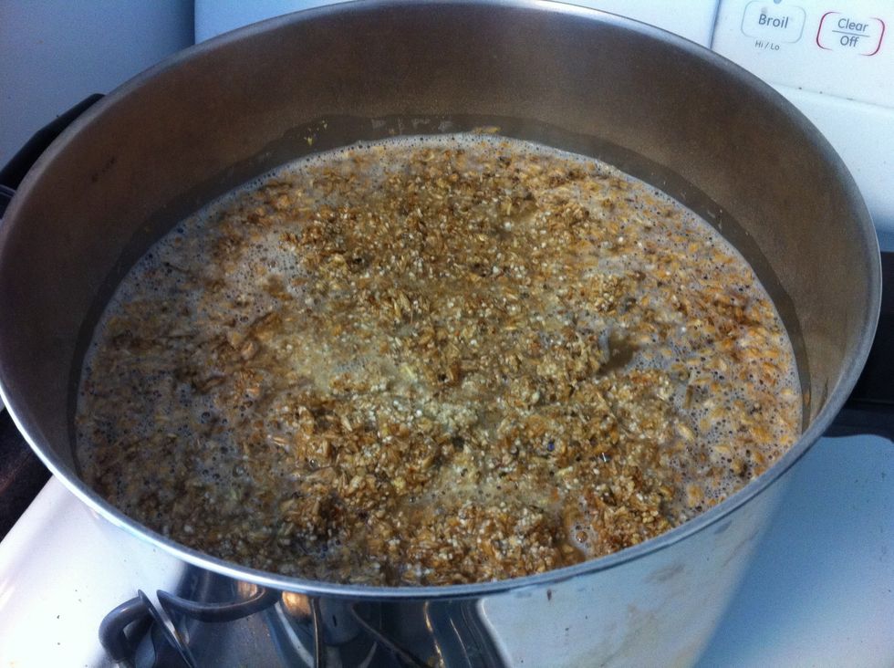 Bring a pot of 12 cups of water to 160 degrees and stir in the grains this step is called mashing in and commonly referred as the mash.