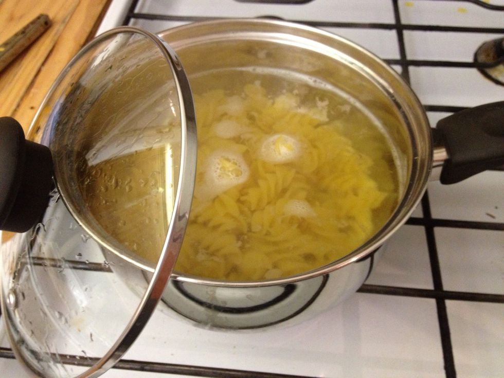 Bring a pot of water to the boil and add a sprinkle of salt. When boiling, add pasta and reduce heat for 12 mins or until pasta is cooked.