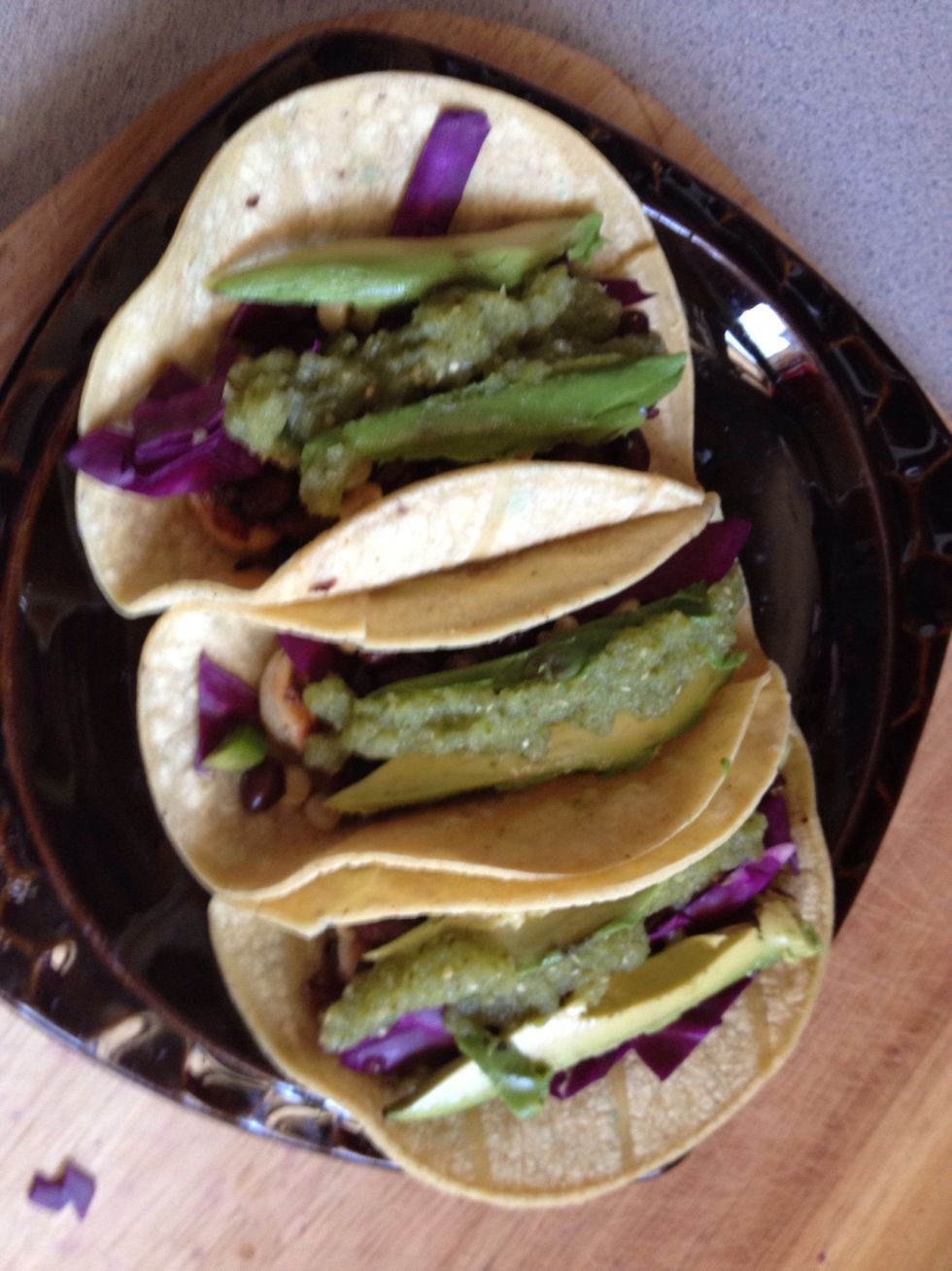 Bring all together and top with avocado and salsa of your choosing. Bring napkins...