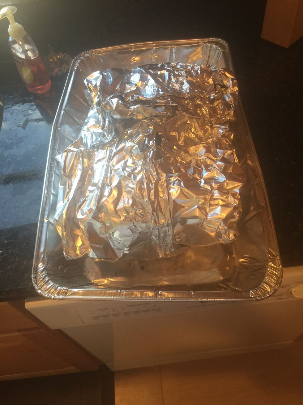 Bring long ends of foil up over breast and overlap 3 inches.  Close open ends by folding up foil so drippings will not run into pan.  Wrap loosely and do not seal airtight.