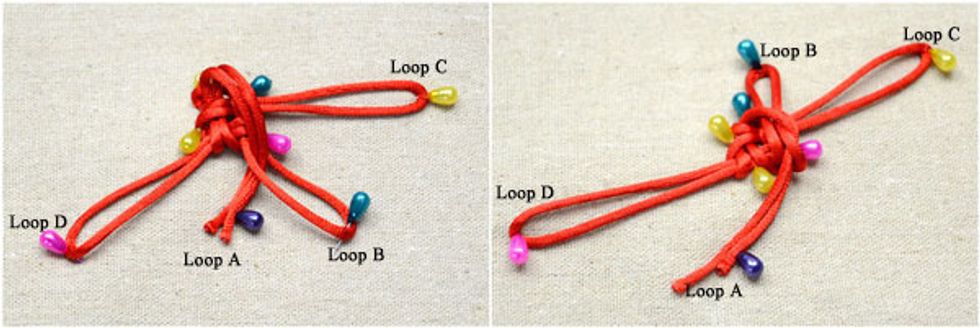 Bring loop A to go through loop B from front side. Next, pass the loop B through loop A from back side. Fix the loops A & B with the same pins.