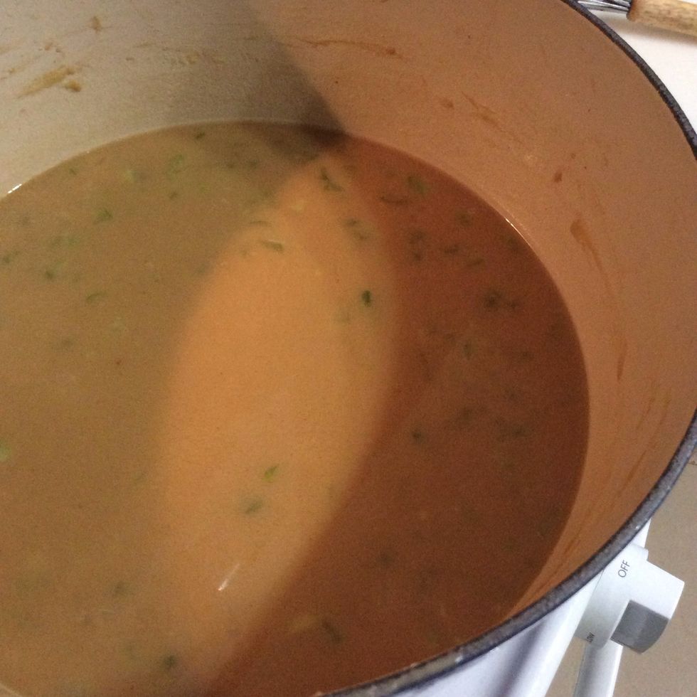 Bring mixture to a boil and then simmer on med low heat till it thickens a little, about 15min... If you decide to have your gumbo thinner, don't wait 15min...