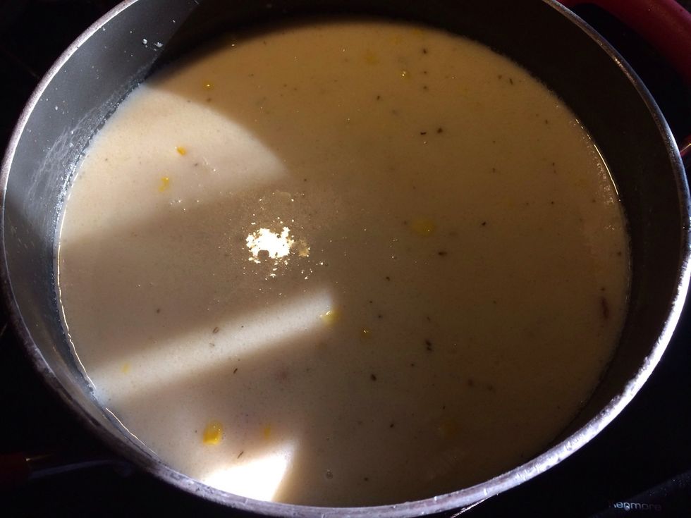 Bring the extremely filled pot back to a boil. Reduce heat and simmer until potatoes are done. Be sure you mix from bottom to top frequently to keep the heavy ingredients from melting into each other.