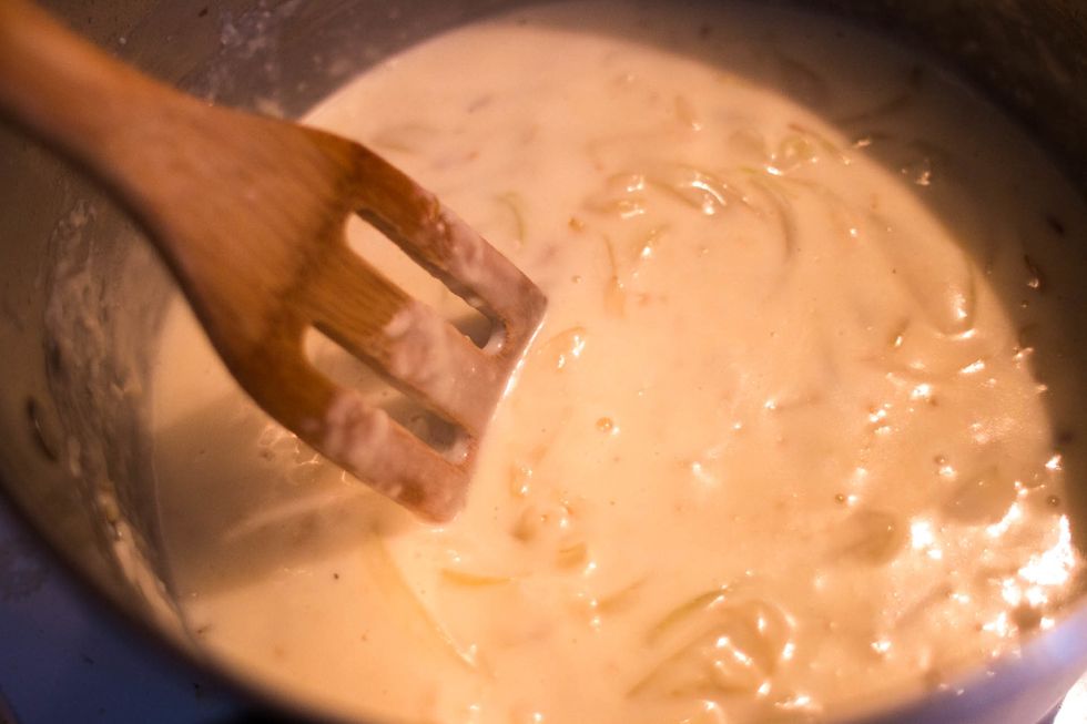 Bring to a boil after each addition. It's imperative that you don't add the milk to quick. If you do, you will most likely get clumps of flour that won't smooth out.