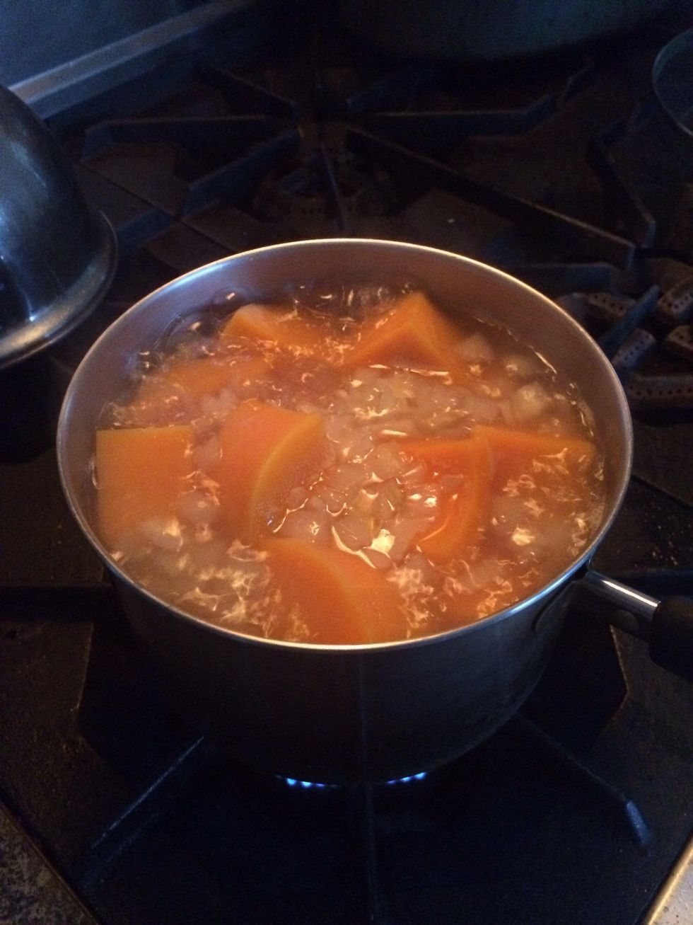 Bring to a boil and simmer until veggies are fork tender.
