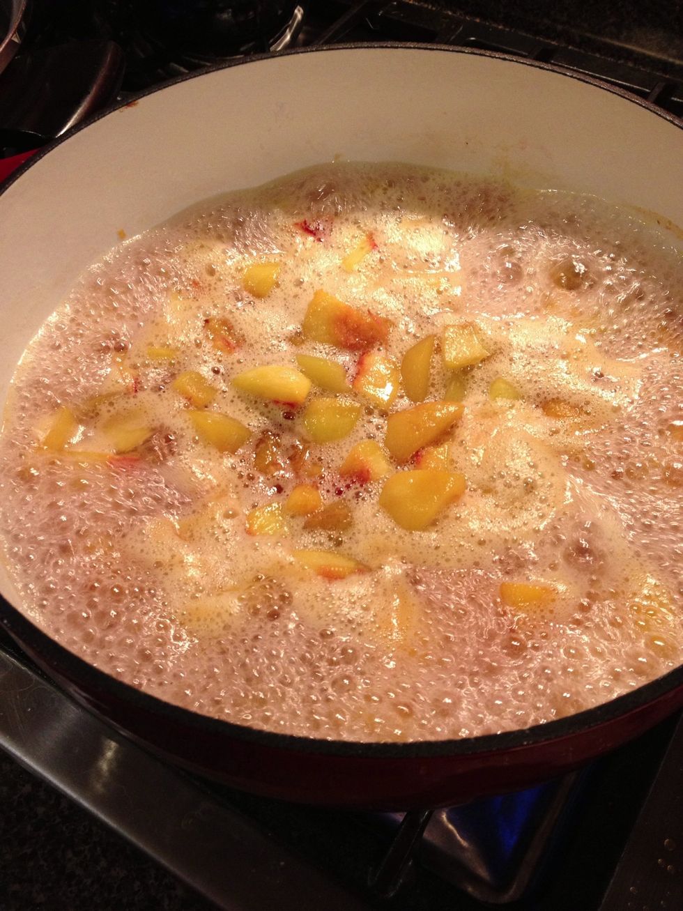 Bring to a boil then reduce heat to medium and allow to cook at a low boil for about 20 minutes. Stir periodically to make sure none of your peaches stick to the bottom.