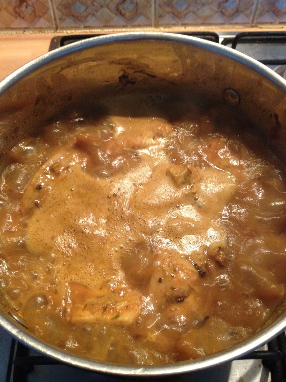 Bring to boil and then simmer for 1 hour. The sauce over the hour will thicken to make a lovely gravy. The chicken will by really soft, tender and fall right off the bone.
