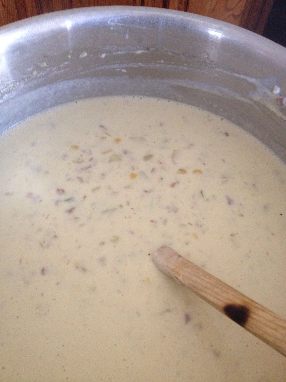 Bring up to medium heat and let this simmer. If it is too thick add a little more chicken broth. You will be adding cheese later so if its too loose; the cheese will help thicken too