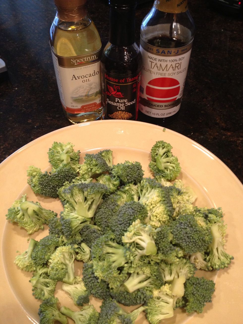 Broccoli cut into small pieces, avocado oil, sesame oil, gluten free tamari sauce