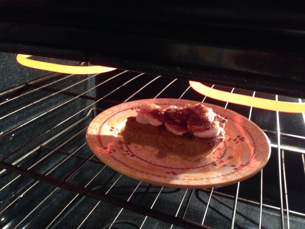 Broil for about 1 minute until slightly burned on top. You can also use a kitchen torch. Br\u00fbl\u00e9e should be crisp and burned enough that you can tap on it with a fork.