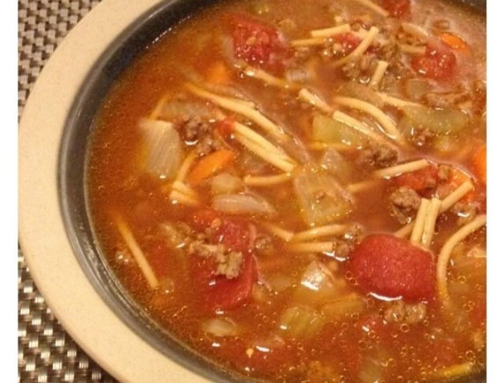 Broken spaghetti with a soupier no dairy soup.