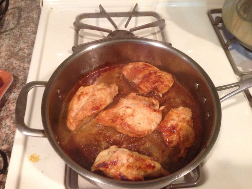 Brown chicken breast but don't over cook. They Can finish cooking in the soup mix.