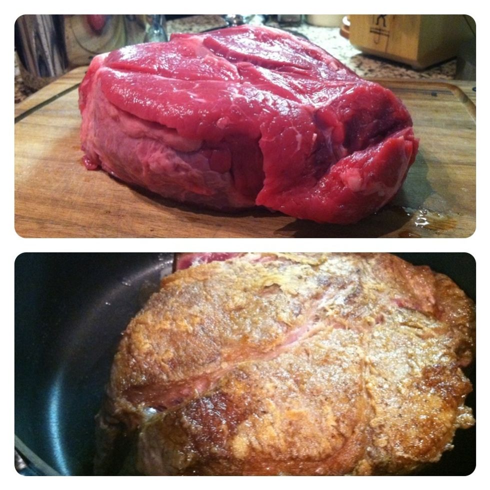 Brown sear all sides on high heat in the pot of rendered bacon for 2min each side. Cut and cube into 2in pieces. Return to heat and toss around for 1min. Set aside