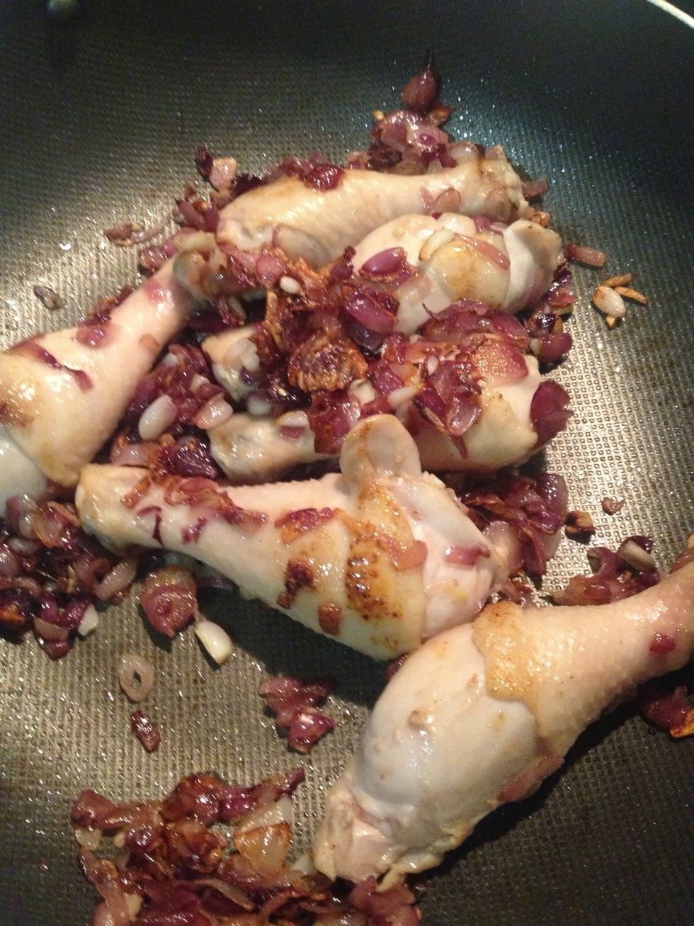 Brown the chicken on both sides and at the same time make sure they both mix well.