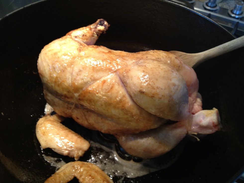 Brown your chicken on all sides in butter and oil. NEVER EVER !!!! use olive oil for frying. Olive oil is used to add taste and texture ONLY!! I'll make notes \u2b07